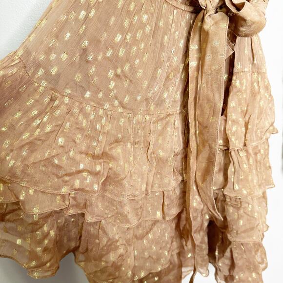 Rococo Sand Aine One Shoulder Tan Gold Ruffle Mini Dress Medium - Picture 7 of 11